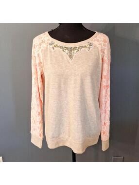 Miss me Rhinestone and Lace light coral Floral Sweater Size Medium